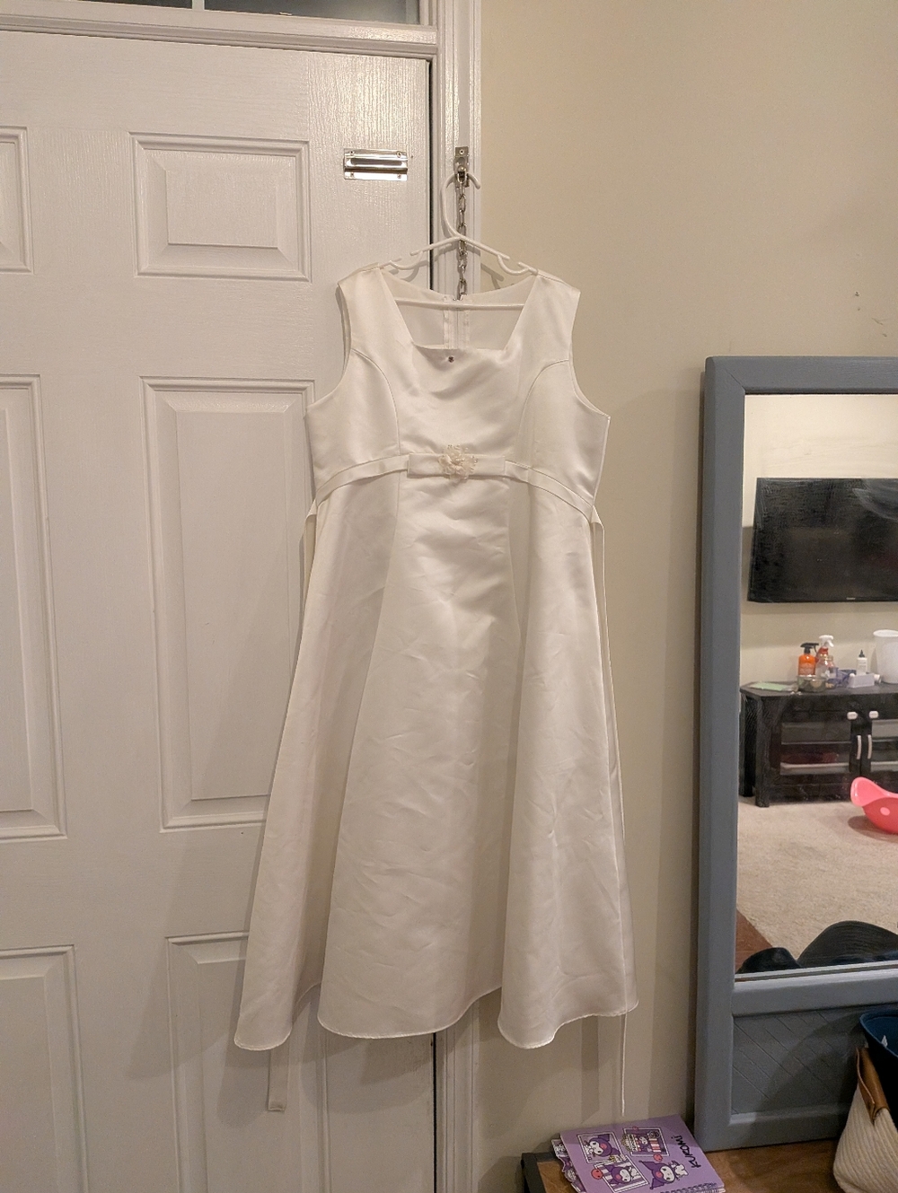 Girls White Satin Baptism Flower Girl Dress